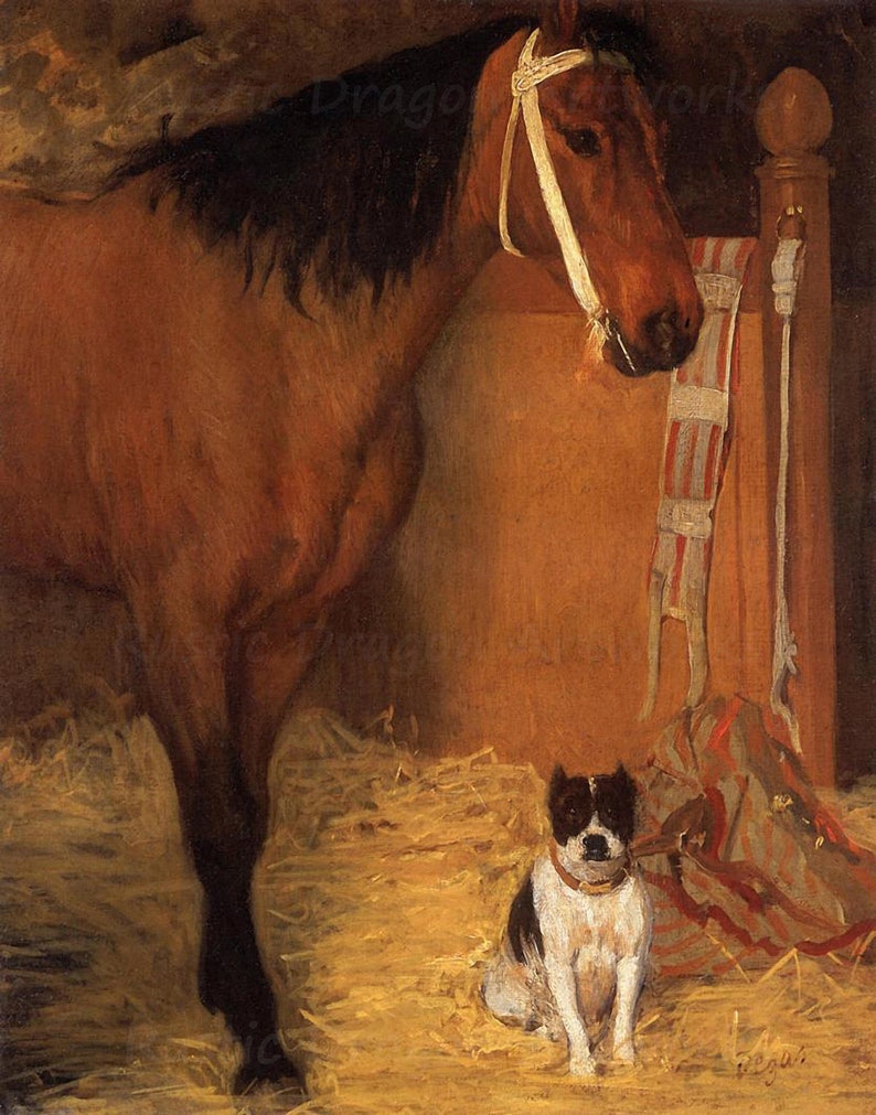 Edgar Degas At the Stables, Horse and Dog 1861 Reproduction Digital Print Horse Stable Brown Horse Animals image 1