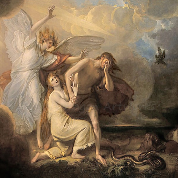 Benjamin West "The Expulsion of Adam and Eve from the Garden of Eden" 1791 Reproduction Digital Print  Wall Hanging Angel Snake Religion