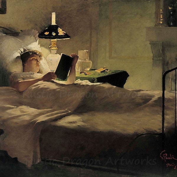George Pauli "Evening Reading" 1884 Reproduction Digital Print Woman In Bed Reading A Book At Night