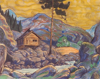 Nicholas Roerich "Hut in the Mountains" 1911 Reproduction Digital Print Colorful Mountains Rocky Landscape Cabin River