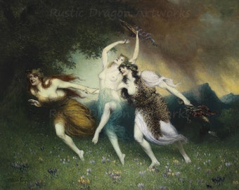 Ferdinand Leeke "Fleeing Nymphs" 1800s Reproduction Digital Print Greek Mythology Nature Deities Running and Dancing Celebrating Divine