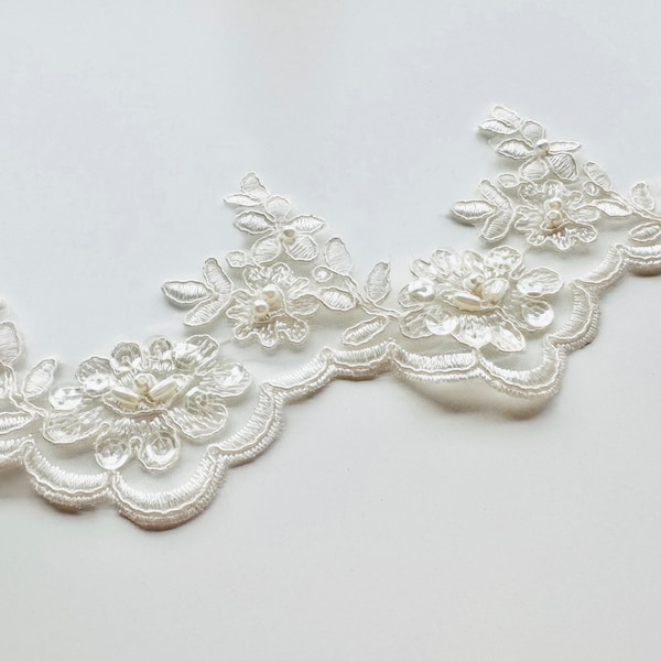 004 | Ivory Alencon Lace Trim | Wedding Veil Lace Trim | Ivory Scalloped Lace Trim | Bridal Lace Trim | Ivory  Bridal Alencon Lace