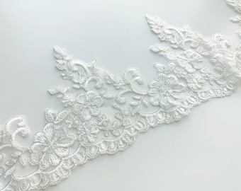 012 | Off White Silver Threaded Lace Trim | Silver Embroidered Lace Trim | Silver Threaded Light Ivory Lace | Off White Lace Trim