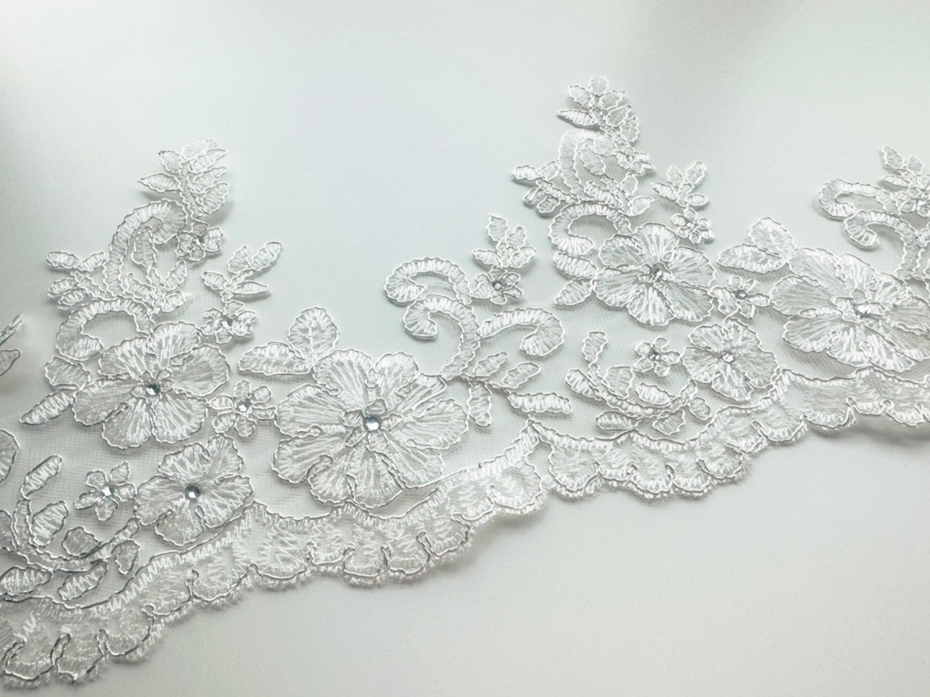 012 W/Rhinestones | Off White Silver Threaded Lace Trim | Silver Embroidered Lace Trim | Silver Thread Bridal Lace | Off White Lace Trim