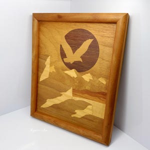 Vintage Art Wall Wood Inlay Marquetry Flying Bird Eagle Hawk Moon Mountain Cliff