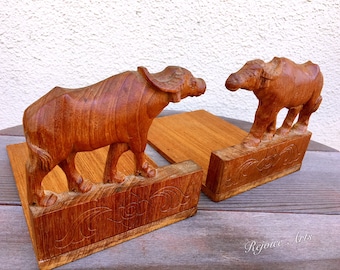 Vintage Hand Carved Wooden Folding Buffalo Bookends