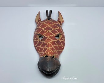 Vintage Wood Carved Giraffe Mask African Wall Art