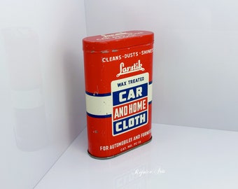 Vintage Las-Stik Wax Treated Car And Home Cloth Gas Oil Tin Auto Garage