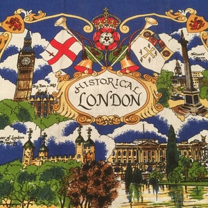 May include: A colorful illustration of historical London landmarks, including Big Ben, the Tower of London, Buckingham Palace, and Nelson's Column. The illustration is surrounded by a decorative border with a crown and flags.