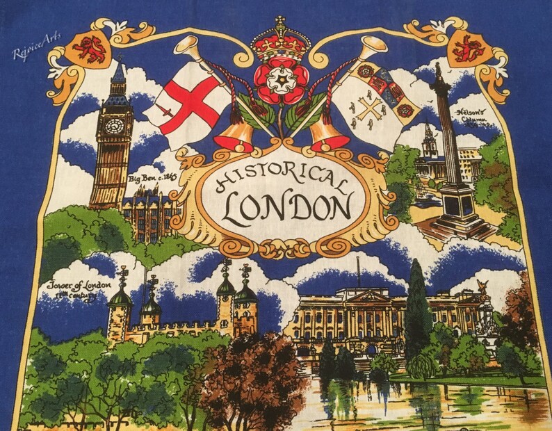 May include: A colorful illustration of historical London landmarks, including Big Ben, the Tower of London, Buckingham Palace, and Nelson's Column. The illustration is surrounded by a decorative border with a crown and flags.