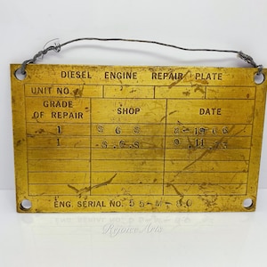 vintage Brass Diesel Engine Repair Plate