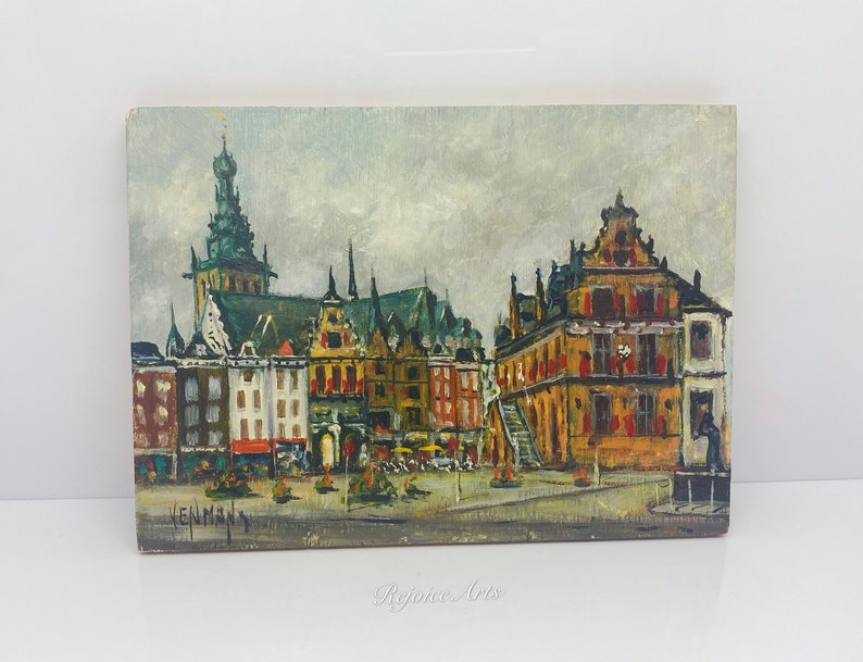 Vintage Miniature Cityscape Signed Painting on a Wooden Board