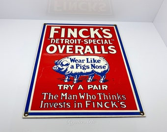Vintage Finck's Detroit Special Overalls Ande Rooney Porcelain Enameled Advertising Sign