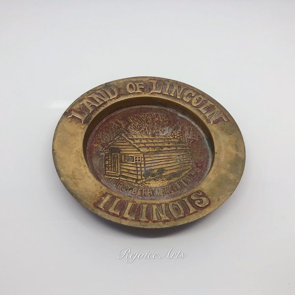 Plato de recuerdo vintage de latón de la Tierra de Lincoln, Illinois