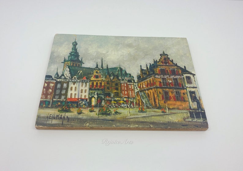 Vintage Miniature Cityscape Signed Painting on a Wooden Board