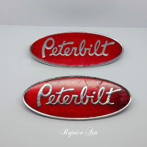 Vintage Pair of Peterbilt Truck Metal Red Oval Emblem Chrome Badges