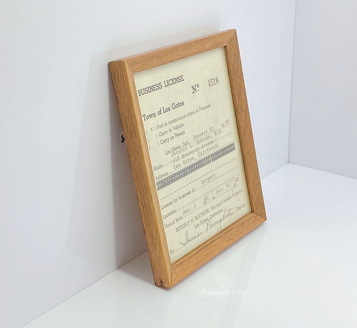 Vintage Business License Town of Los Gatos With Frame 1962
