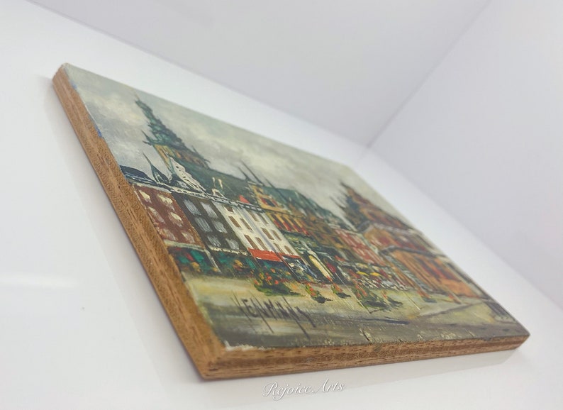 Vintage Miniature Cityscape Signed Painting on a Wooden Board