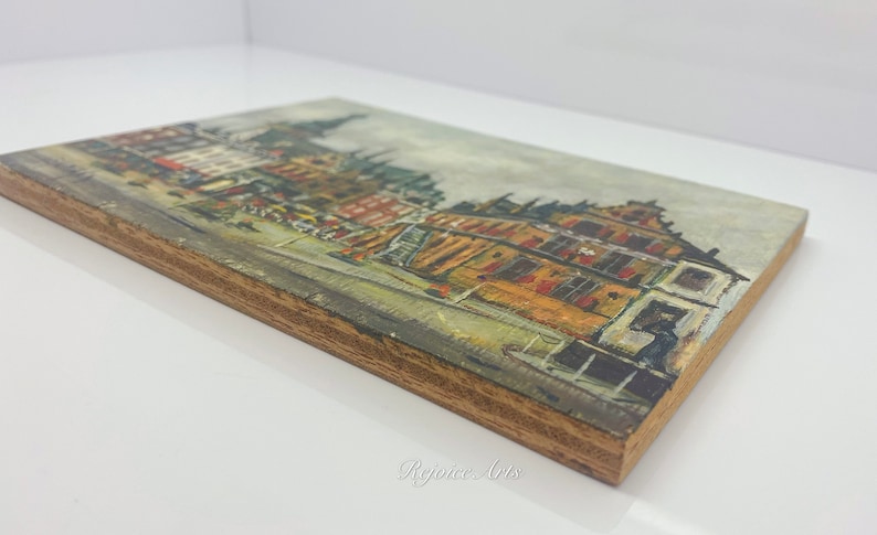 Vintage Miniature Cityscape Signed Painting on a Wooden Board