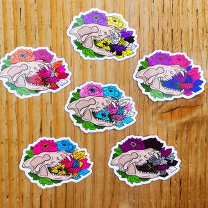 May include: A collection of stickers featuring a stylized animal skull with colorful floral arrangements. The stickers showcase a light tan skull with vibrant pink, blue, yellow, and purple flowers, set against a white background with a green border.