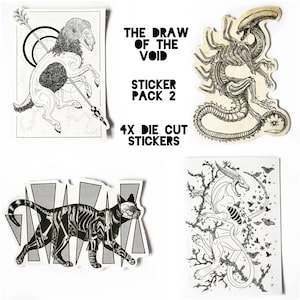 De tekening van de leegte - Origineel ontwerp stickerpakket van 4 - Vulture Cultuur Stickers - Kat Ram Ram Ram Alien Xenomorph Schedel Skelet Draak