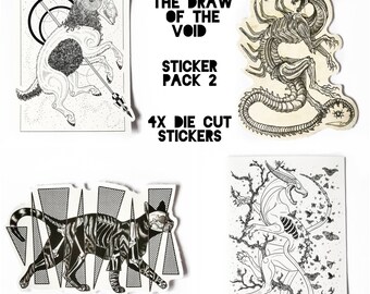 Könnte beinhalten: Ein Pack mit vier gestanzten Stickern mit Schwarzweiß-Illustrationen eines Widders, einer Katze, eines Außerirdischen und eines Drachen. Die Sticker gehören zum Sticker-Pack 2 "The Draw of the Void".