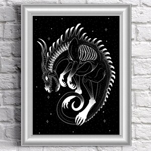 May include: A black and white illustration of a skeletal dragon curled up in a starry night sky.