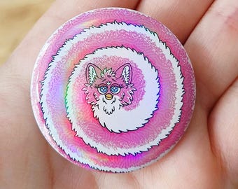 Long Furby Holographic Pin Badge | Large Badge 44mm | 1998 1999 Furb
