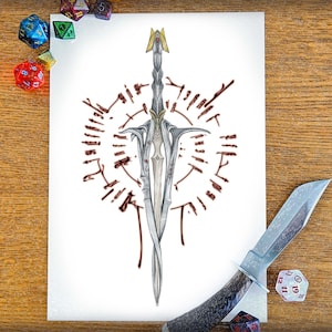 Peut inclure: Une épée argentée avec une poignée dorée et une gemme rouge sur la pommeau. L'épée est entourée d'un cercle de runes rouges.