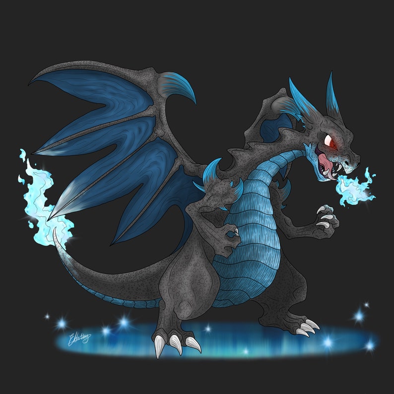 Charizard Mega Evolution X Pokemon Original Illustration Artwork Landscape Print A4 A5