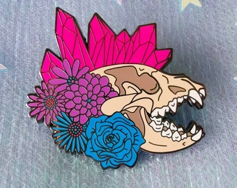 Bisexual Bi Pride LGBTQIA+ Hyena Skull Enamel Pin 45mm Hard Enamel Pin | Crystals | Floral