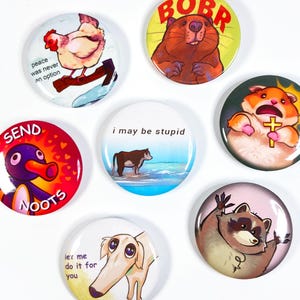 Puede incluir: Colección de siete botones redondos con ilustraciones de animales y textos humorísticos. Los botones presentan un pollo, un castor, un hámster, un pingüino, una vaca, un perro y un mapache. Textos: "BOBR", "SEND NOOTS", y "i may be stupid".