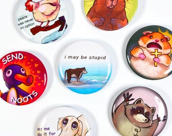 Meme Animals, Pedro, Bobr, Chicken, Hamster, Cow, Penguin, Dog - Button Badges 45mm