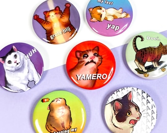 Meme Cats, Huh, Sleepy, Big happy, Skateboard, Yamero Cat - Button Badges 45mm