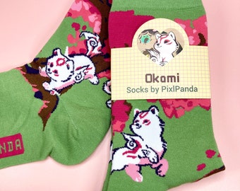 Okami - Cotton Socks EU 38-42, US Men 6 - 9,5, US Women 7,5 - 11,5 - White Wolf, Amaterasu, Chibiterasu, Shiranui