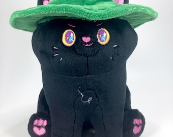 Black Cat Plushie wearing Hat, Cats of the Coven, Witch, Clown, Wizard