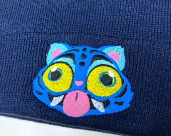Derpy Cat Tiger - Embroidered Beanie Blue
