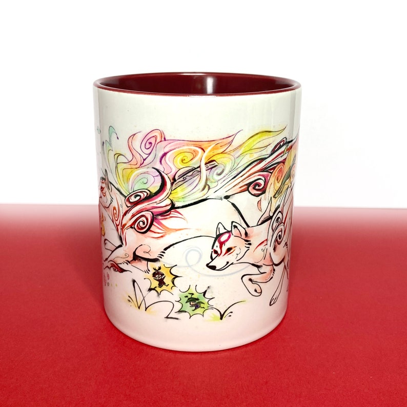 Okami Mug, red inside & handle, 330ML / 11fl. oz, Amaterasu, Chibiterasu, Shiranui image 3