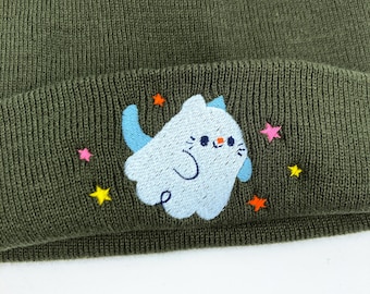 Ghost Cat - Embroidered Beanie Green