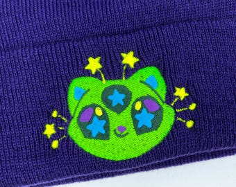 Alien Cat Glorp - Embroidered Beanie Purple / Green, Neon UV & Blacklight reactive