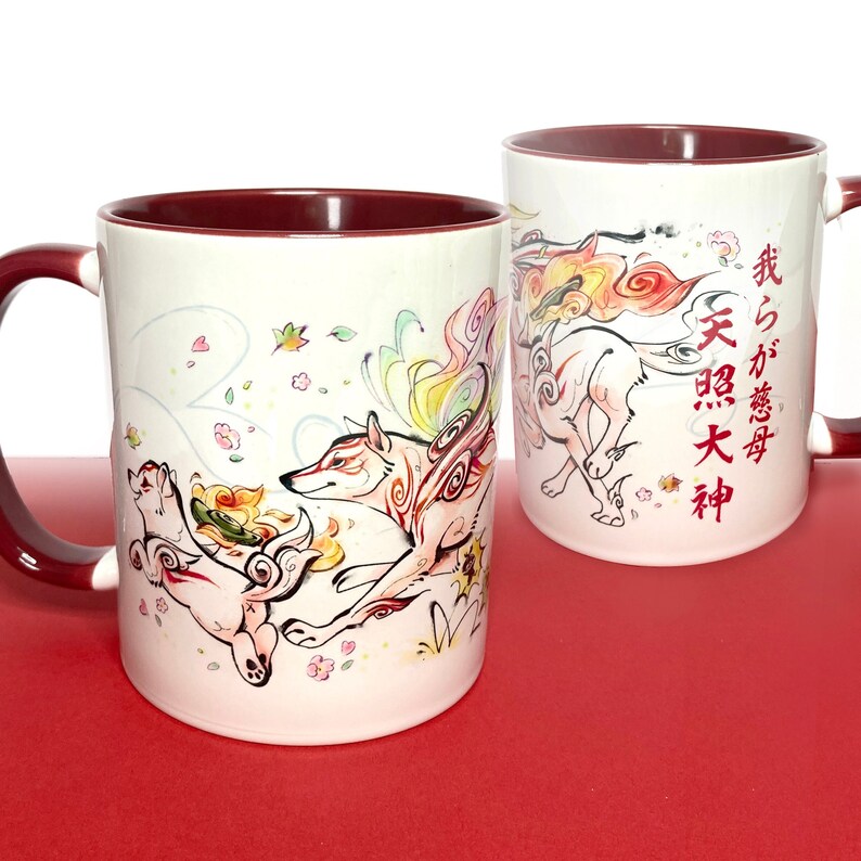 Okami Mug, red inside & handle, 330ML / 11fl. oz, Amaterasu, Chibiterasu, Shiranui image 1