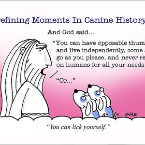 The Choice funny dog cartoons greeting cards mugs tee shirts mouse pads pets animals god lilcking balls