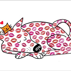 Kisses dog and cat love friends friendsihp funny cartoons greeting cards mugs tee shirts mouse pads pets animals