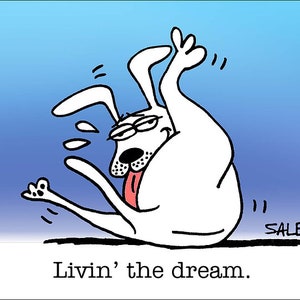 Living The Dream funny dog cartoons greeting cards mugs tee shirts mouse pads pets animals men balls fantasy