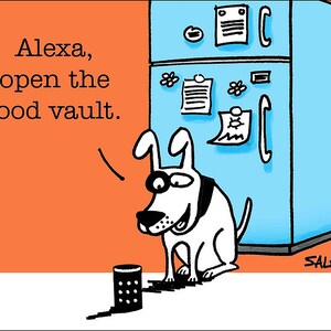 Alexa Food Vault funny dog cartoons greeting cards mugs tee shirts mouse pads pets animals food diet fat weight