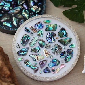 May include: Two round coasters with iridescent abalone shell pieces. One coaster has a black base with a glittery border, and the other has a white base with a glittery border. The abalone shells have blue, green, and purple hues.