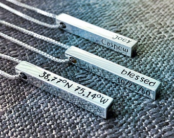 3D Sterling Silver Personalised Solid Vertical Bar Pendant Necklace