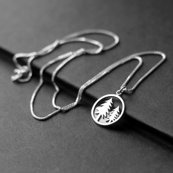 Trees with Mountains Necklace 925 Sterling Silver Tree Charm Outdoors Forest NEW