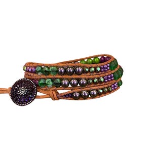 Boho Leather Wrap Bracelet: Czech Glass Beaded Jewelry