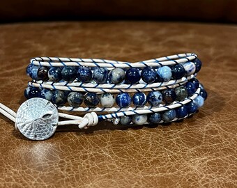 Bracciale triplo con pietra preziosa di sodalite, bracciale in pelle boho